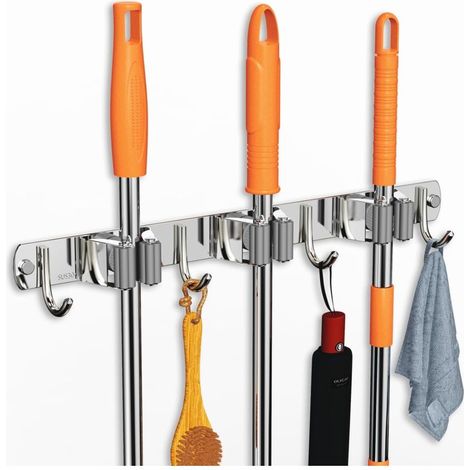 Broom holder wall stainless steel tool holder self-adhesive 3 holders and 4 hooks tool holder for garden garage bathroom