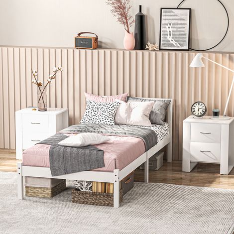 Struttura letto singolo, testiera e rete a doghe, spazio libero sotto il letto di 26 cm, legno di pino, 208x96x70 cm, bianco (1/5)
