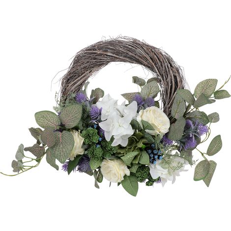 Corona floral artificial de seda y ratán con rosas, lavanda y eucalipto (48 cm de diámetro) – Elegante decoración de pared de fácil mantenimiento – Incluye: 1 corona (1/5)