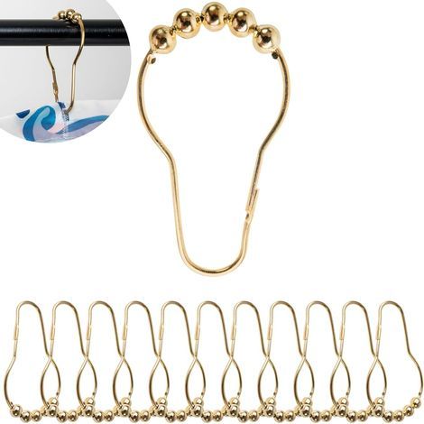 12 - Duschvorhangringe - Duschhaken - Robustes Metall - Für Stangen mit 2 bis 4 cm Durchmesser - Goldfarben - 7 x 3,9 cm (1/5)