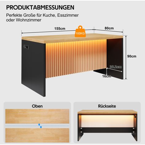 Kücheninsel 155x80x90 cm aus MDF in Schwarz/Holzoptik mit LED und USB – MEUBLIV (1/5)