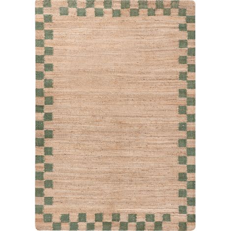 Alfombra rectangular de yute y algodón con borde a cuadros 160 x 230 cm estilo rústico salón dormitorio beige/verde Beed