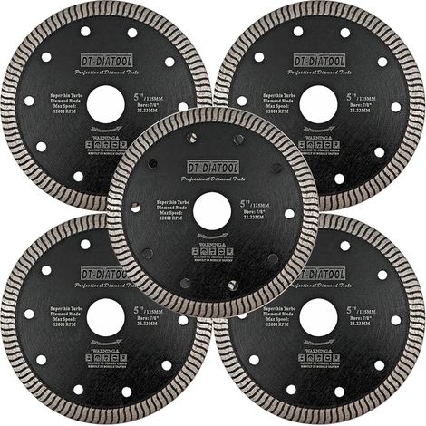 Hoja de sierra circular, segmentos de filo turbo, apta para corte en seco y húmedo, 5 unidades de 125 mm. (1/2)
