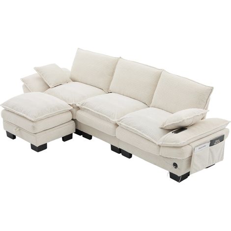 Canapé modulable 3 places en velours côtelé beige avec pouf et port USB-C (1/5)