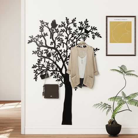 Porte-manteau mural en metal noir avec 8 crochets, design arbre avec oiseaux, dimensions 120 x 175 cm (1/5)