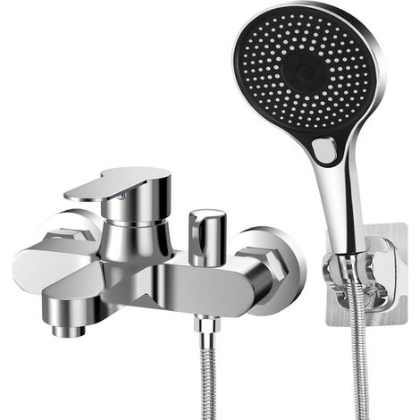 Robinet Baignoire avec Douchette, Baignoire avec Douchette et 1.5m Flexible de Douche, Mitigeur de Douche Mural de Bain, Mitigeur Douche 5 Modes, Robinet Douche Filetage 1/2", Argent (1/5)