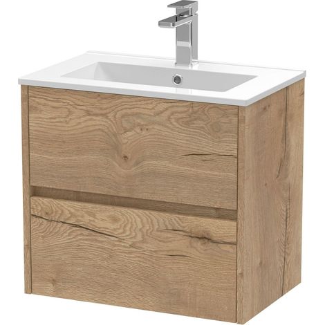 Chartley Contemporary 2 Drawer Wall Hung Vanity Unit with Minimalist Basin, Autumn Oak, 600mm