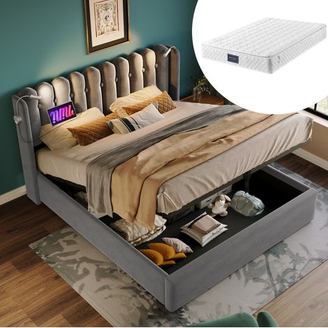 Lit coffre 140x200 cm en velours gris avec liseuse et USB, gain de place pour chambre – MEUBLIV (1/5)