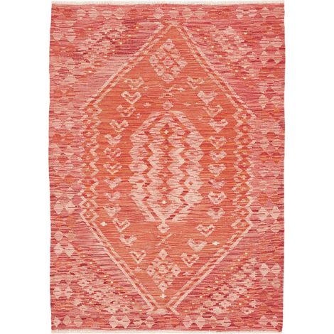 Tapis berbère 105 x 146 cm, motif ethnique en laine, rouge, orange et rose, tissé plat fait à la main (1/5)