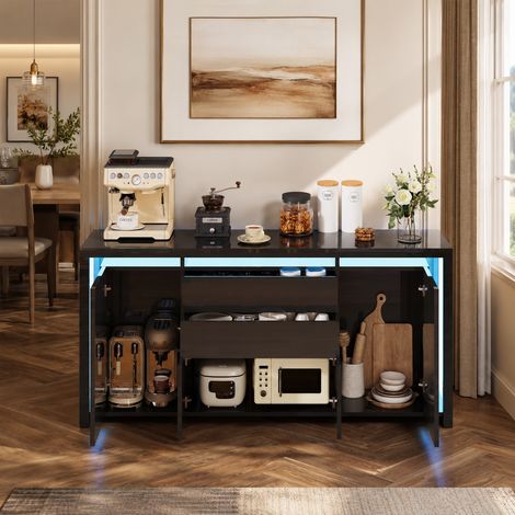Buffet 160×35×75 cm, lumières LED, meuble de rangement pour salon, 4 portes et 2 tiroirs, grande capacité, buffet de salon, système push-to-open, panneau laqué brillant, style moderne, Noir (1/5)