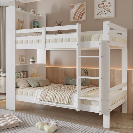 Litera de madera maciza y MDF blanco, 90x200 cm, con cabecero y escalera de 3 peldaños. (1/5)