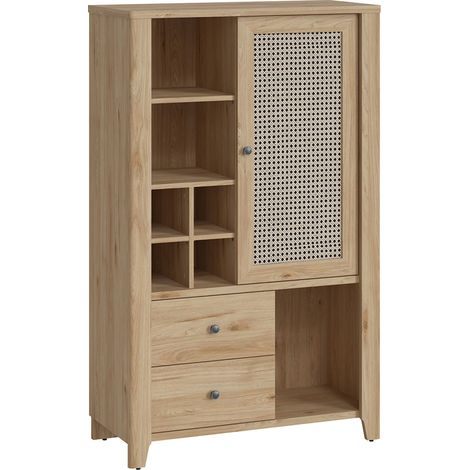 Wohnzimmer Highboard CREMONA-129 in Eiche Nb. mit Wiener Geflecht Nb., B/H/T: ca. 89/150/42 cm (1/5)