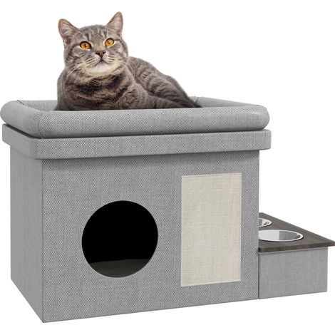 Maison chat avec gamelles inox, tapis griffoir, coussin 78x48x49,5 cm (1/5)