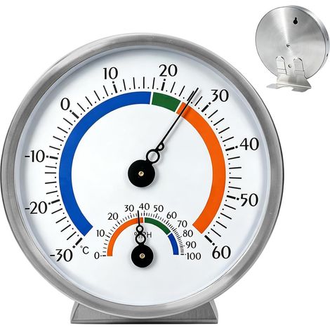 Hygromètre d'intérieur analogique 2 en 1, thermomètre extérieur, thermomètre hygromètre de précision, boîtier entièrement en métal, robuste, durable, thermomètre, hygromètre, montage mural, support (1/5)