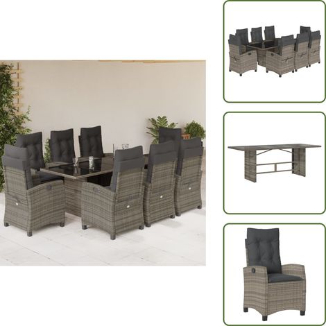 The Living Store 9-tlg. Garten-Essgruppe mit Kissen Grau Poly Rattan - Gartentisch (1/5)