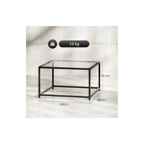 Table d appoint carrée noire avec plateau en verre trempé et pieds en acier, 68 x 68 x 39 cm, pour salon, chambre et bureau (1/5)