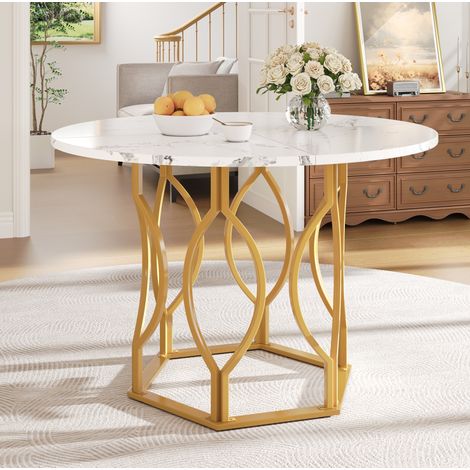 Runder Esstisch 100x100x76 cm Gold/Weiß aus MDF und Metall mit verstellbaren Füßen (1/5)