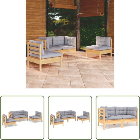 Terrassensofa - 4-tlg. Garten-Lounge-Set mit Grauen Kissen Kiefer Massivholz (1/5)