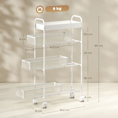 Chariot de cuisine en métal,3 paniers,design étroit,4 roues,pour cuisine,salon,salle de bain,blanc (1/5)