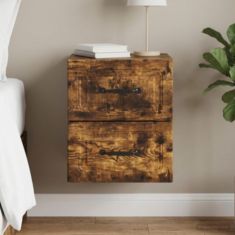 Table de chevet murale en bois d’ingénierie chêne fumé avec 2 tiroirs 34,5 x 33 x 40 cm - PANGIVO (1/5)