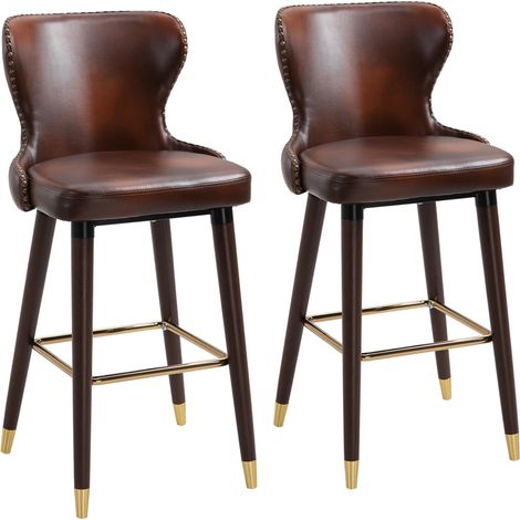 Ensemble de 2 tabourets de bar, chaises de bistro élégantes avec repose-pieds et dossier, chaise de salle à manger en polyuréthane marron 52 x 53 x 101 cm