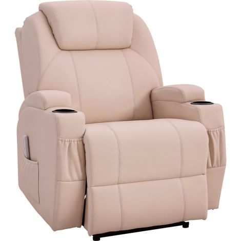 Poltrona di lusso per relax e massaggio con schienale reclinabile, poggiapiedi elettrico e rivestimento sintetico color crema.