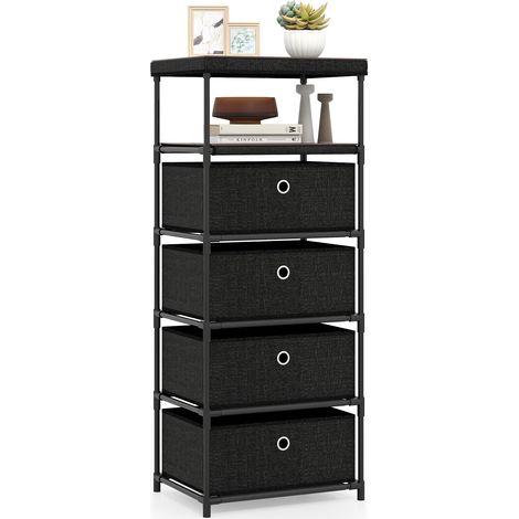 Commode 4 Tiroirs, Tour de Rangement en Tissu avec Plateau en Bois et Structure En Métal, Commode pour Salon, Bureau, 40 x 30 x 99,5 cm, Noir (1/5)