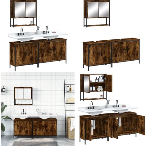 3-tlg. Badmöbel-Set Räuchereiche Holzwerkstoff - Spiegelschrank - Waschbeckenunterstuhl (1/5)