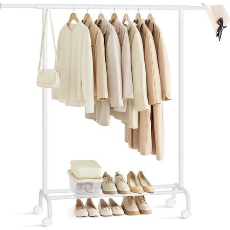Porte-Manteau à roulettes, Portant à Vêtements Extensible en Métal, avec Étagère de Rangement Surélevée, 40 x (83-120) x 156 cm, Capacité Totale 45 kg, Blanc Nuage HSR134W01 (1/5)