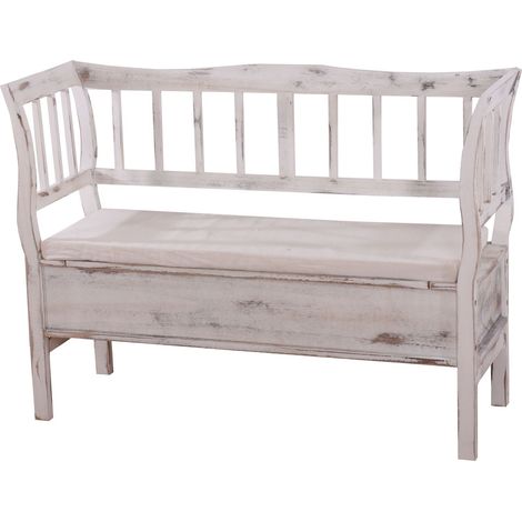 [JAMAIS UTILISÉ] Banc banquette de rangement T207 bahut coffre avec coussin, bois blanc shabby chic (1/5)