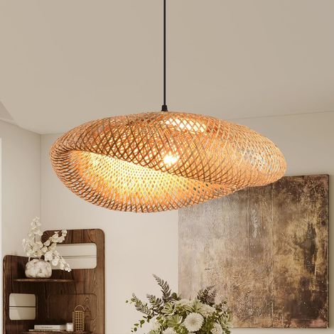 Suspension en rotin bohème 40 cm – Lampe rétro E27 – Tressage de paille pour salle à manger et salon de thé – Installation réglable