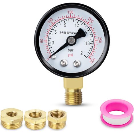 1 manomètre de pompe de puits 40mm BSP 1/8 "0-21 BAR 0300 psi avec 3 douilles de à 1/4 ", à 3/8 "et à 1/2 ", une bande de polytétrafluoroéthylène, radiale (1/5)