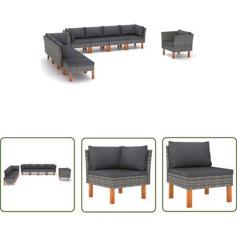 The Living Store Salon de jardin 9 pcs Résine tressée et bois d'eucalyptus Gris - Salon De Jardin - Mobilier De Jardin - Meubles De Jardin - Set De Salon De Jardin - Chaise Longue (1/5)