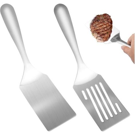 2 spatules plancha inox, cuisine et barbecue, résistantes, ergonomiques, compatibles lave-vaisselle. (1/5)