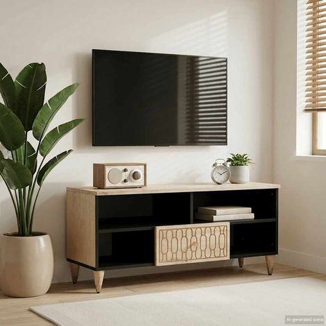 Meuble TV en bois de manguier massif sculpté à la main 100 x 33 x 46 cm, 19.75kg - PANGIVO (1/5)