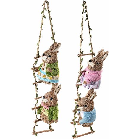Décoration de vitrine de Pâques lapins en fibre naturelle sur échelle à suspendre, lot de 2, 10 x 7,5 x H. 55 cm