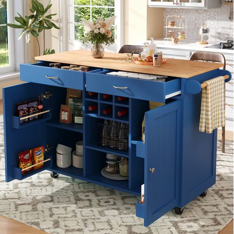 Îlot de cuisine 102/45/92 cm bleu avec roulettes et rangement (1/5)