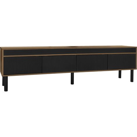 Meuble TV, support TV, panneau TV et 4 portes. Texture fine. Disponible en noir ou bois naturel. Hauteur 47 cm / Longueur 170 cm / Largeur 38 cm (1/5)