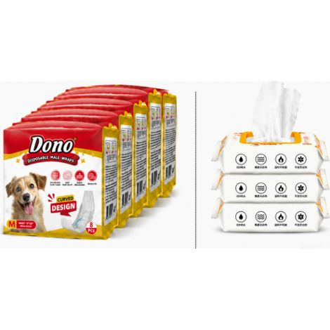 Couches hygiène chien mâle taille M DONO anti-fuite kit 10 paquets couches + lingettes nettoyantes portables offertes
