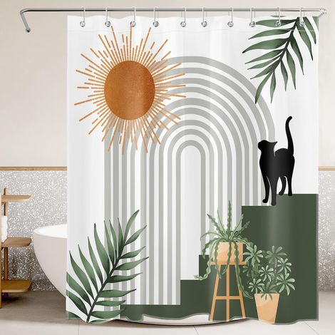 Bohème Milieu du siècle Rideaux de Douche 150x200cm Gris Rayé Vert Plante Chat Noir Rideaux de Bain avec Crochets,Abstrait Moderne Extra Longue Imperméable Polyester Anti Moule Salle de Bain Décor (1/5)