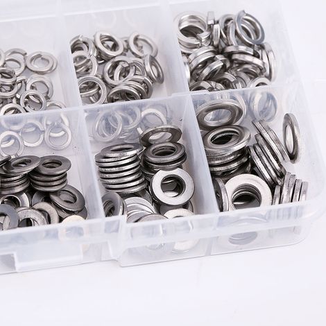 Rondelles plates en inox M2 à M6, lot de 300 pièces, assortiment d'épaisseurs, boîte de rangement en plastique, visibilité et protection, usage bricolage et maintenance. (1/5)