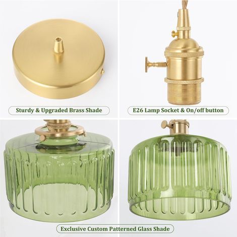 Pendelleuchte mit grün gestreiftem Glasschirm, Vintage-Pendelleuchte aus Messing, verstellbare Pendelleuchte für Kücheninsel, Esszimmer, Flur (1/5)