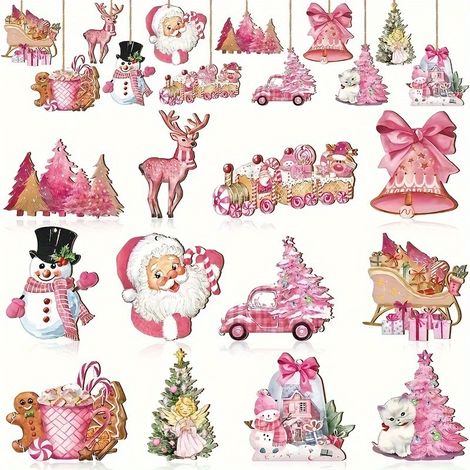 Set di 24 decorazioni natalizie rosa per albero di Natale, in legno vintage, decorazioni natalizie, decorazioni rustiche in stile fattoria, decorazioni per albero di Natale. (1/5)