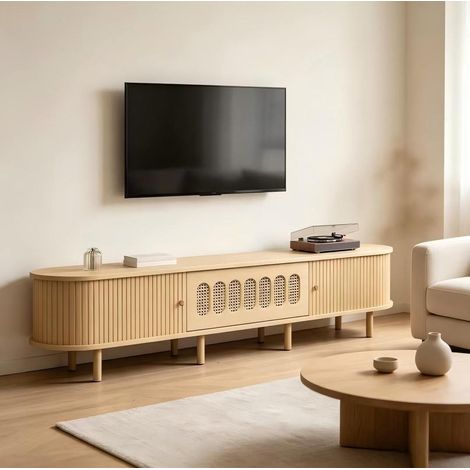 Mobile TV ovale 180 x 40 x 40 cm in MDF, legno chiaro, 30 kg, stile rattan (1/5)