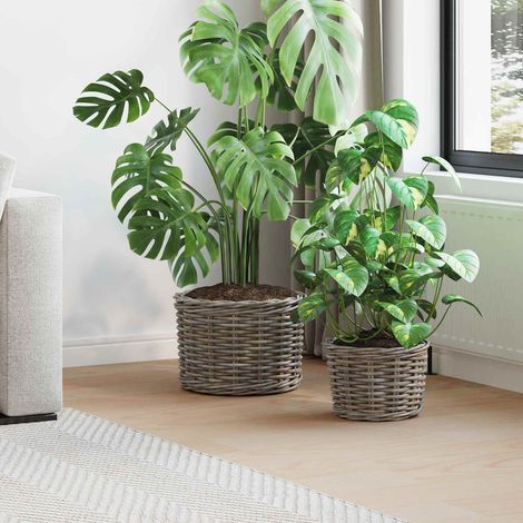 vidaXL Planter Basket with Storage 2 pcs Grey Kubu Rattan