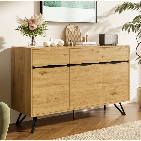 Aparador 140x40x75.5 cm negro y madera en tablero de partículas con 3 puertas y patas metálicas (1/5)