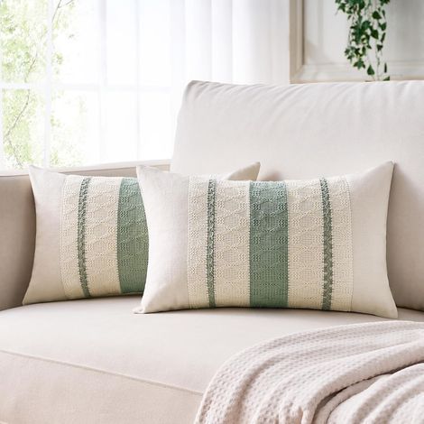 Lot de 2 Housses de Coussin 30x50cm Coton Lin Vert Sauge Rayures Tissées Style Bohème pour Salon Chambre (1/5)