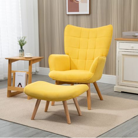 Gelber Relaxsessel mit Hocker, hohe Rückenlehne, Stahlgestell, HAVRYA (1/5)