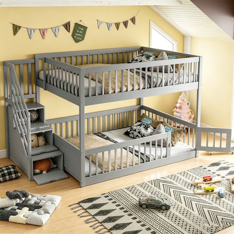 Lit superposé enfant, en bois, avec tiroirs, gris, pour chambre enfant, cadre stable, confort chambre, format pratique