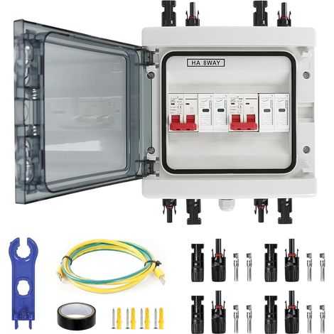 Boîte de Combinaison Photovoltaïque, Boitier de Jonction Photovoltaïque Solaire, IP65 Protection Contre Les Surtensions DC Photovoltaïques, 2 String 1000V PV DC Disjoncteur (2 in 2 out, 40A)